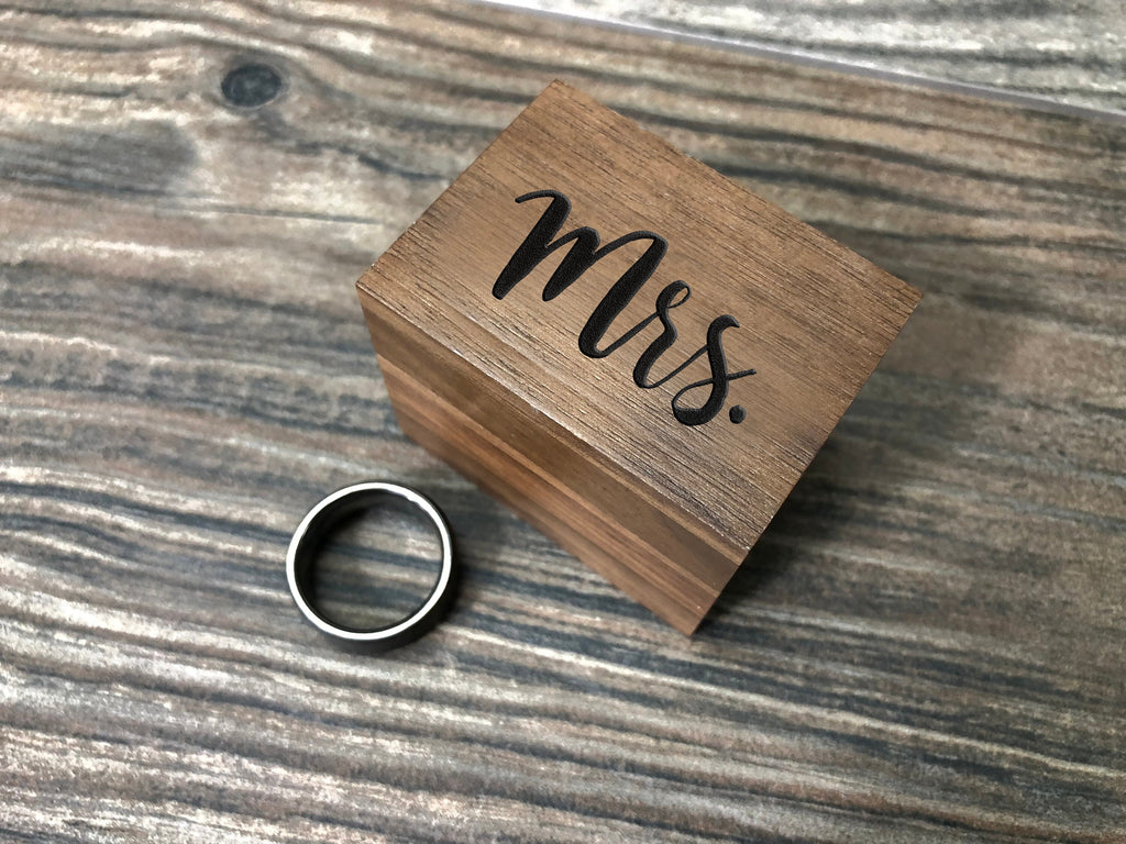 Mr. / Mrs. Laser Engraved Magnetic Rustic Wooden Ring Box | Walnut | Engagement Ring Box | Mr. & Mrs. Wedding Ring Box