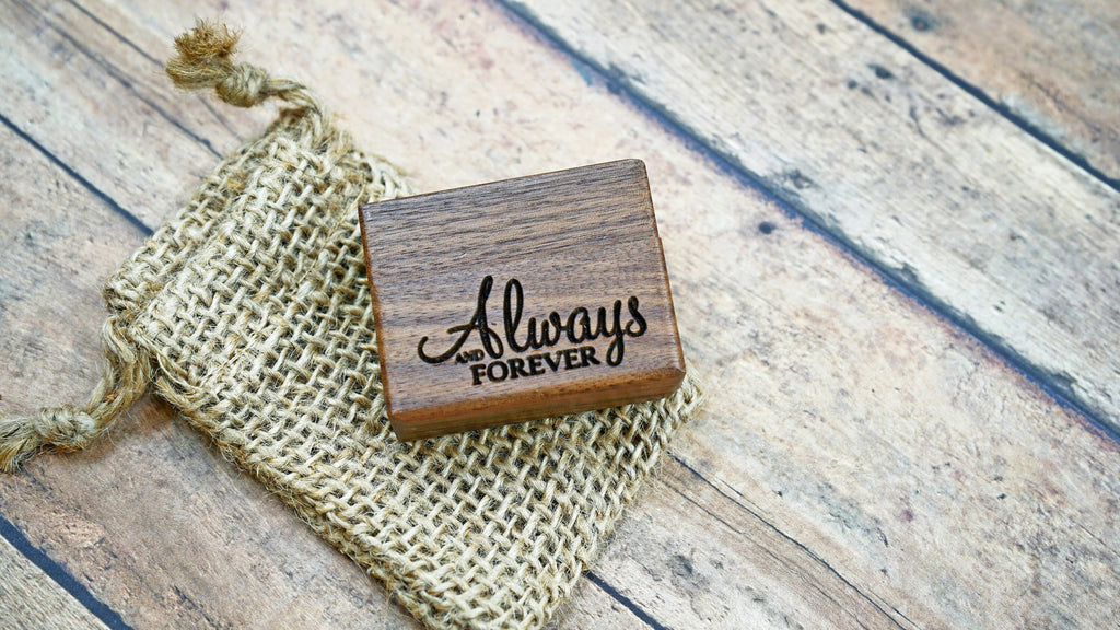 Always And Forever Laser Engraved Women's Magnetic Wooden Ring Box | Walnut | Engagement Ring Box | Wedding Band Box | Low Profile Ring Box