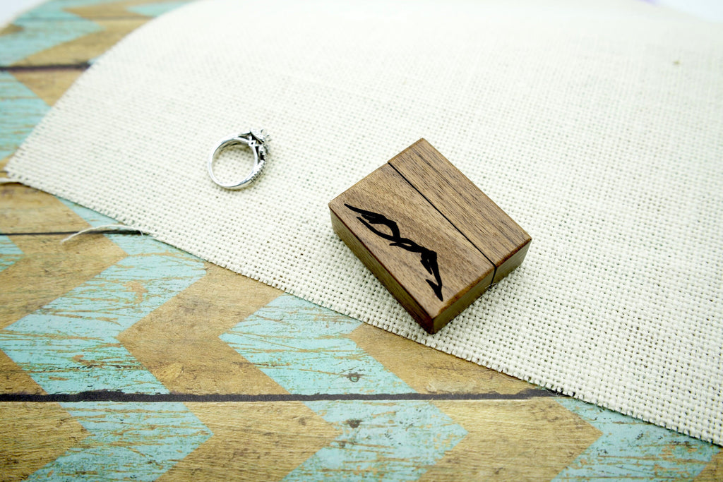 Mountain Peak Laser Engraved Women's Magnetic Wooden Ring Box | Walnut | Engagement Ring Box | Proposal Box | Low Profile Ring Box