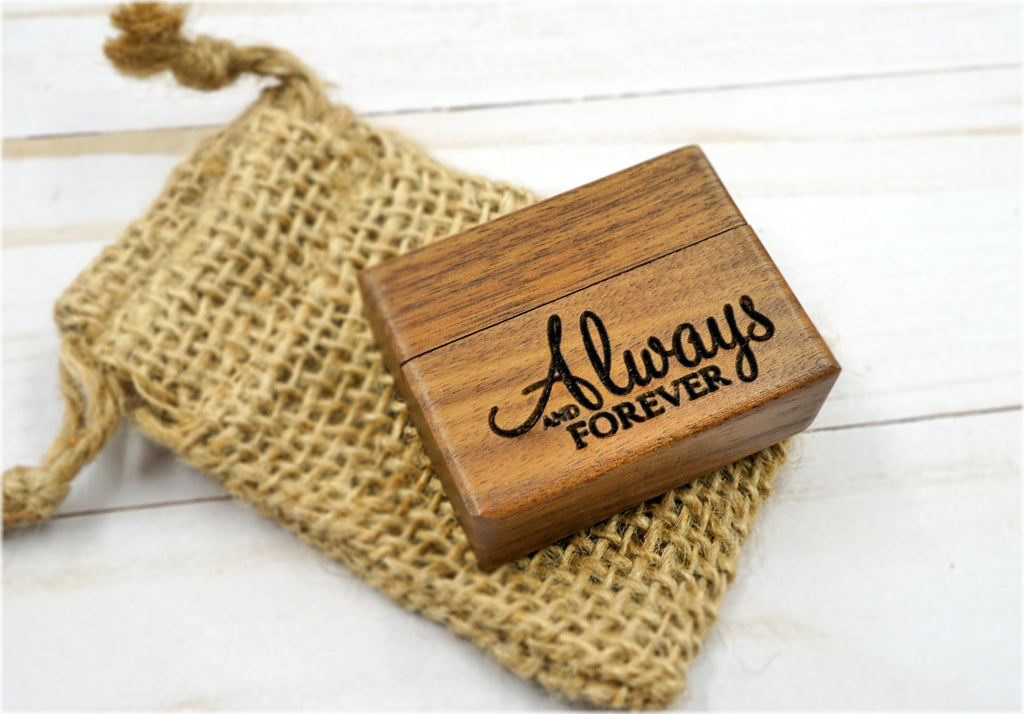 Always And Forever Laser Engraved Women's Magnetic Wooden Ring Box | Walnut | Engagement Ring Box | Wedding Band Box | Low Profile Ring Box