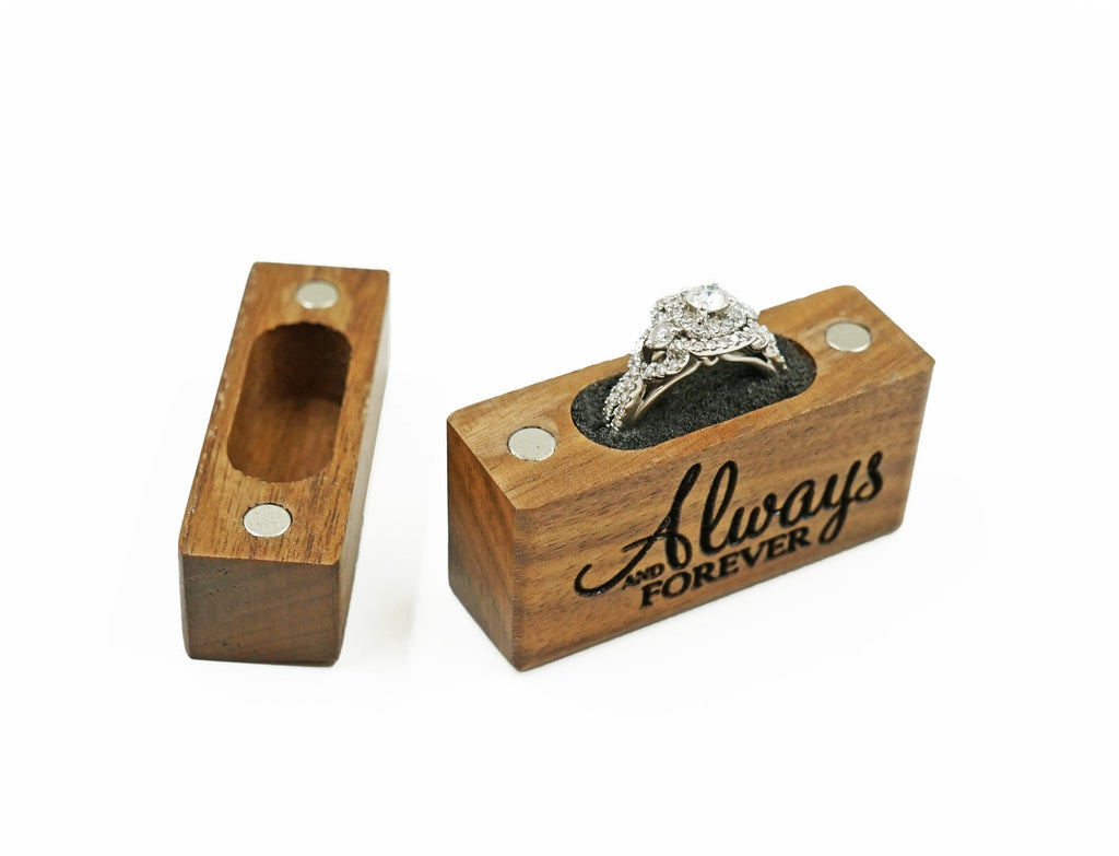 Always And Forever Laser Engraved Women's Magnetic Wooden Ring Box | Walnut | Engagement Ring Box | Wedding Band Box | Low Profile Ring Box