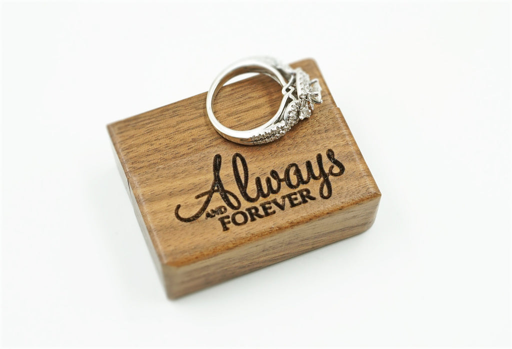 Always And Forever Laser Engraved Women's Magnetic Wooden Ring Box | Walnut | Engagement Ring Box | Wedding Band Box | Low Profile Ring Box