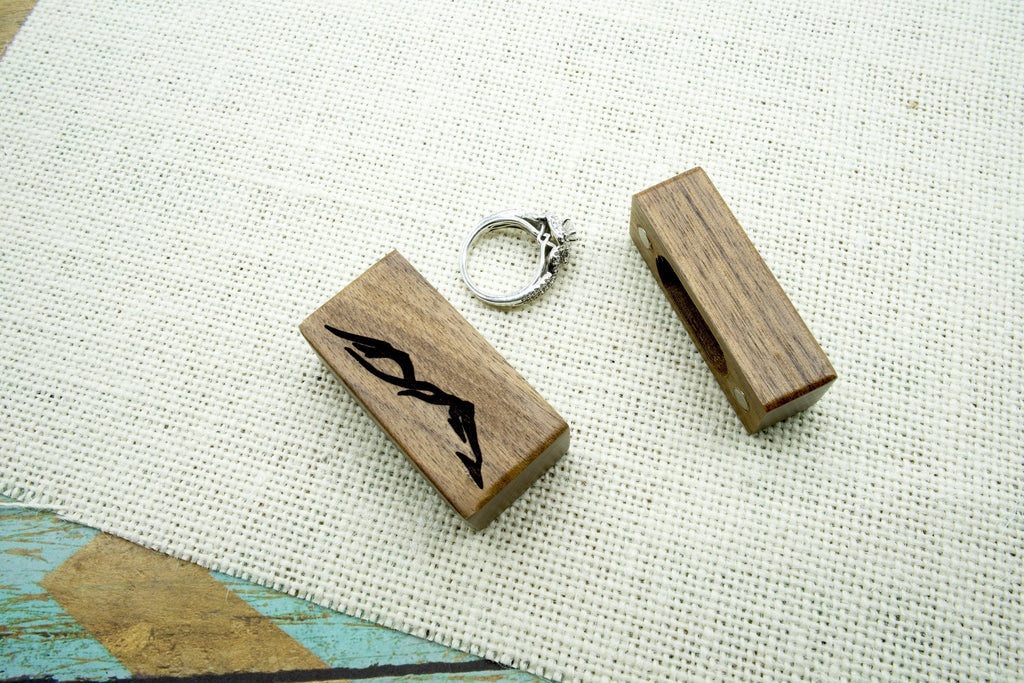 Mountain Peak Laser Engraved Women's Magnetic Wooden Ring Box | Walnut | Engagement Ring Box | Proposal Box | Low Profile Ring Box