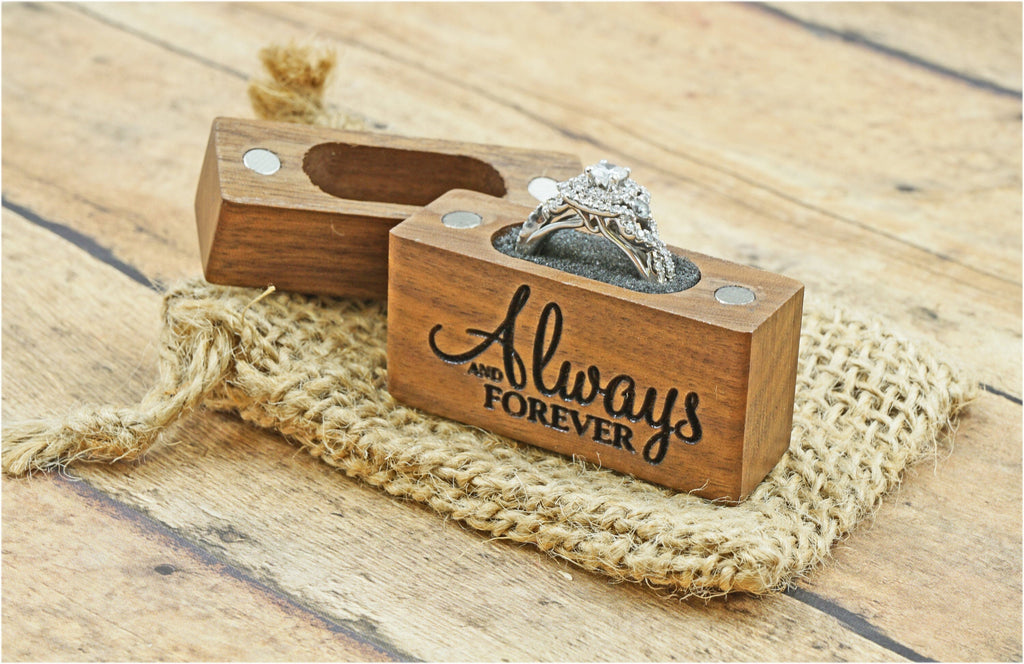 Always And Forever Laser Engraved Women's Magnetic Wooden Ring Box | Walnut | Engagement Ring Box | Wedding Band Box | Low Profile Ring Box