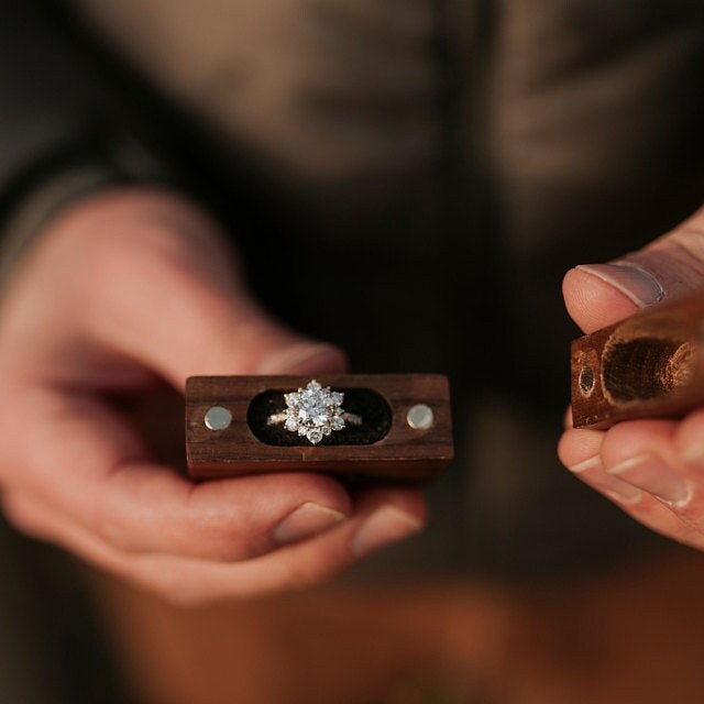 Will You Marry Me Laser Engraved Women's Magnetic Wooden Ring Box | Walnut | Engagement Ring Box | Proposal Box | Low Profile Ring Box