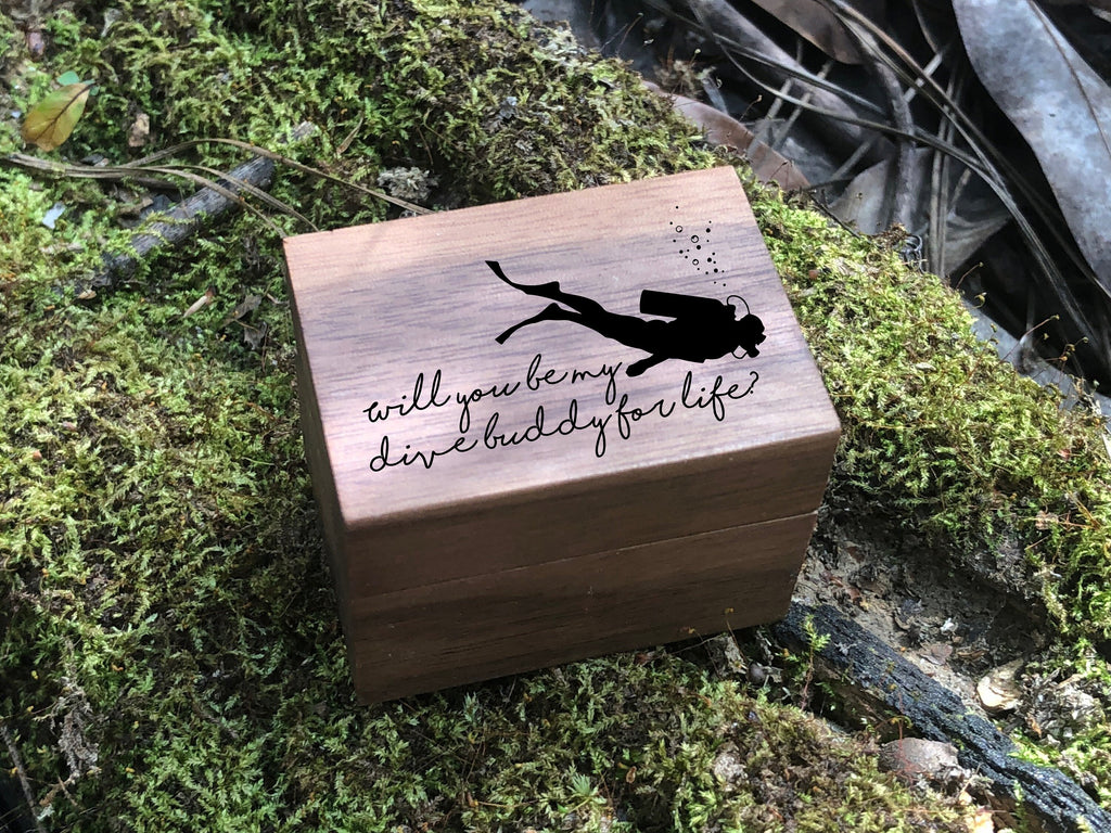 Will You Be My Dive Buddy For Life? Engraved Magnetic Wooden Proposal Ring Box | Diver Proposal | Walnut Wood Engagement / Wedding Ring Box