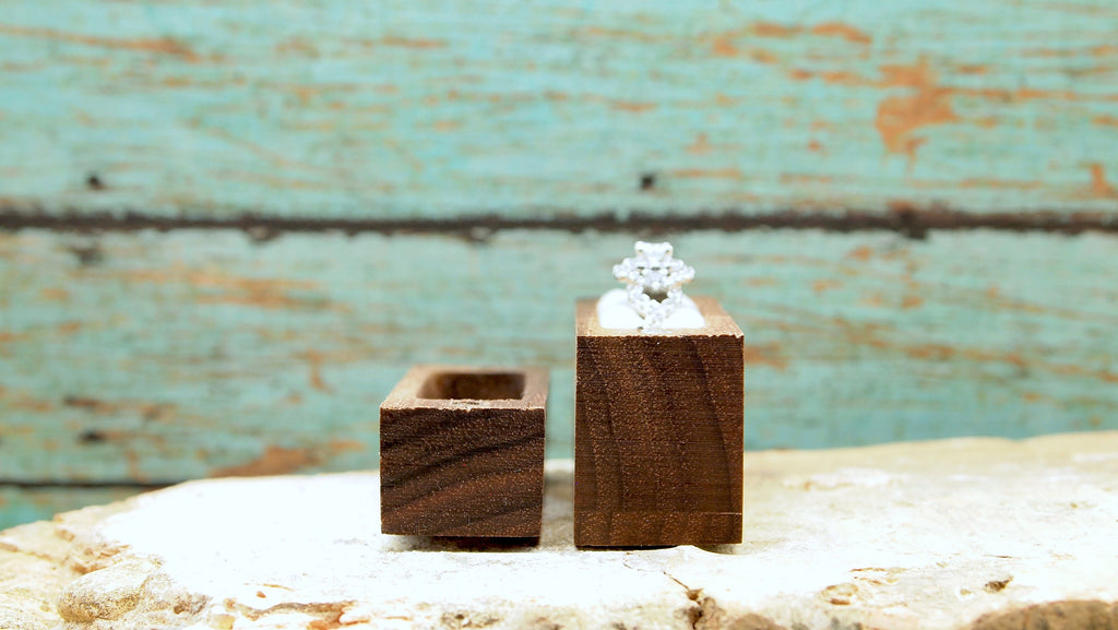 Mountain Laser Engraved Women's Magnetic Wooden Proposal Ring Box | Walnut Design | Engagement Ring Box | Low Profile Ring Box