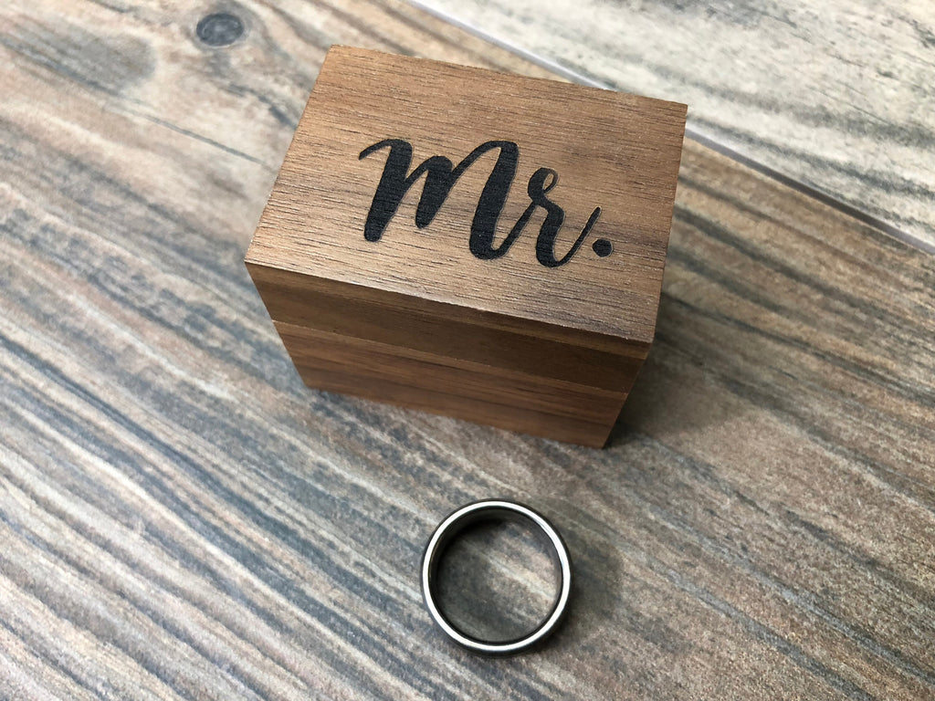 Mr. / Mrs. Laser Engraved Magnetic Rustic Wooden Ring Box | Walnut | Engagement Ring Box | Mr. & Mrs. Wedding Ring Box