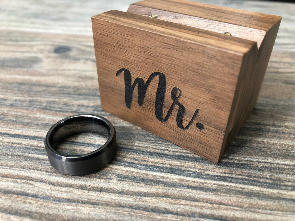 Mr. / Mrs. Laser Engraved Magnetic Rustic Wooden Ring Box | Walnut | Engagement Ring Box | Mr. & Mrs. Wedding Ring Box