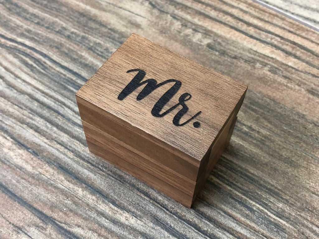 Mr. / Mrs. Laser Engraved Magnetic Rustic Wooden Ring Box | Walnut | Engagement Ring Box | Mr. & Mrs. Wedding Ring Box