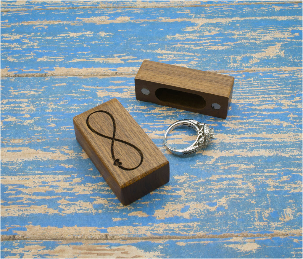 Infinity Heart Laser Engraved Women's Magnetic Wooden Ring Box | Walnut | Engagement Ring Box | Proposal Box | Low Profile Ring Box