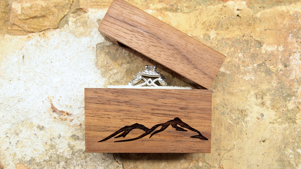 Mountain Laser Engraved Women's Magnetic Wooden Proposal Ring Box | Walnut Design | Engagement Ring Box | Low Profile Ring Box