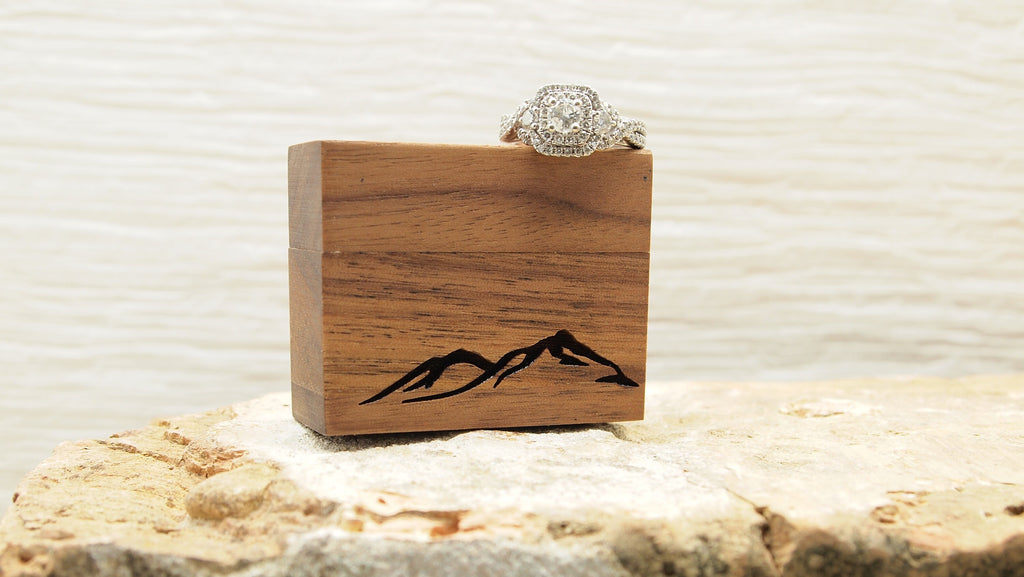 Mountain Laser Engraved Women's Magnetic Wooden Proposal Ring Box | Walnut Design | Engagement Ring Box | Low Profile Ring Box