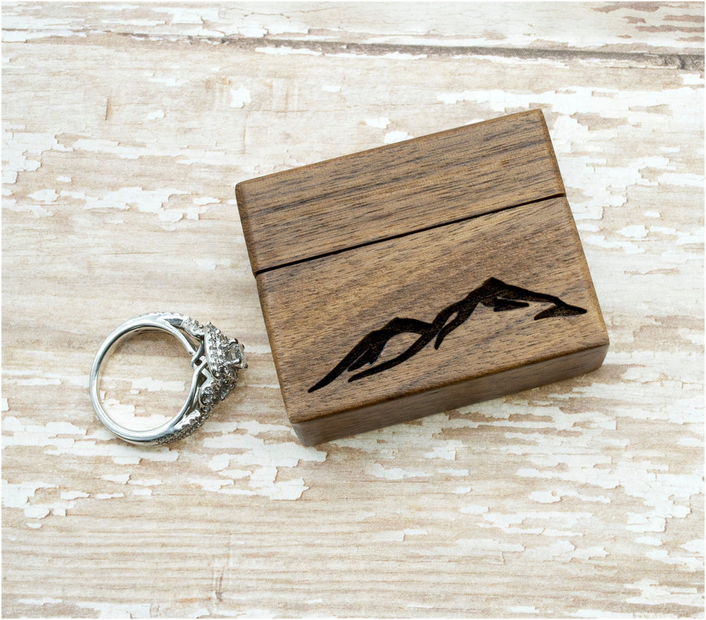 Mountain Peak Laser Engraved Women's Magnetic Wooden Ring Box | Walnut | Engagement Ring Box | Proposal Box | Low Profile Ring Box