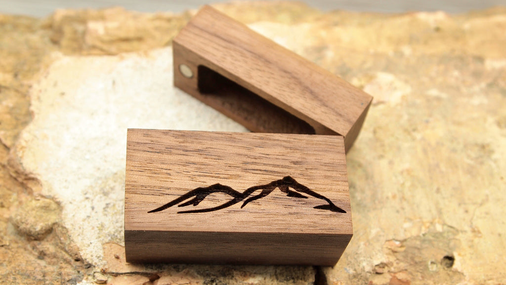 Mountain Laser Engraved Women's Magnetic Wooden Proposal Ring Box | Walnut Design | Engagement Ring Box | Low Profile Ring Box