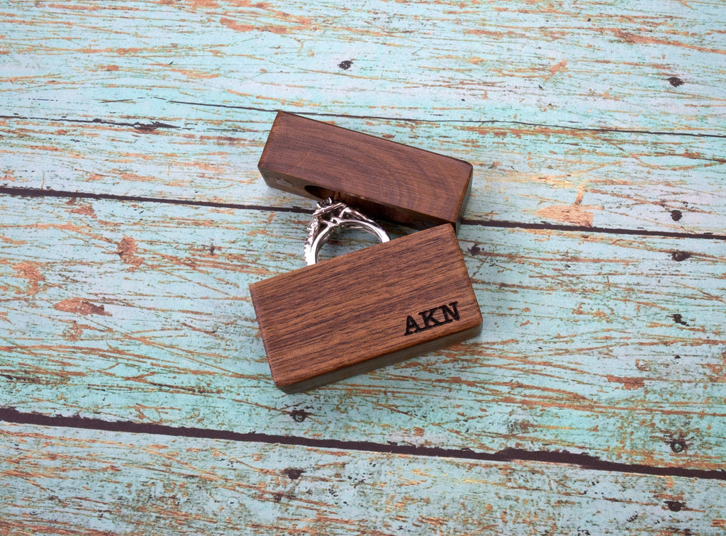 Laser Engraved Magnetic Rustic Wooden Ring Box | Walnut | Engagement Ring Box | Women's Wedding Ring Box | Low Profile - Compact - Thin