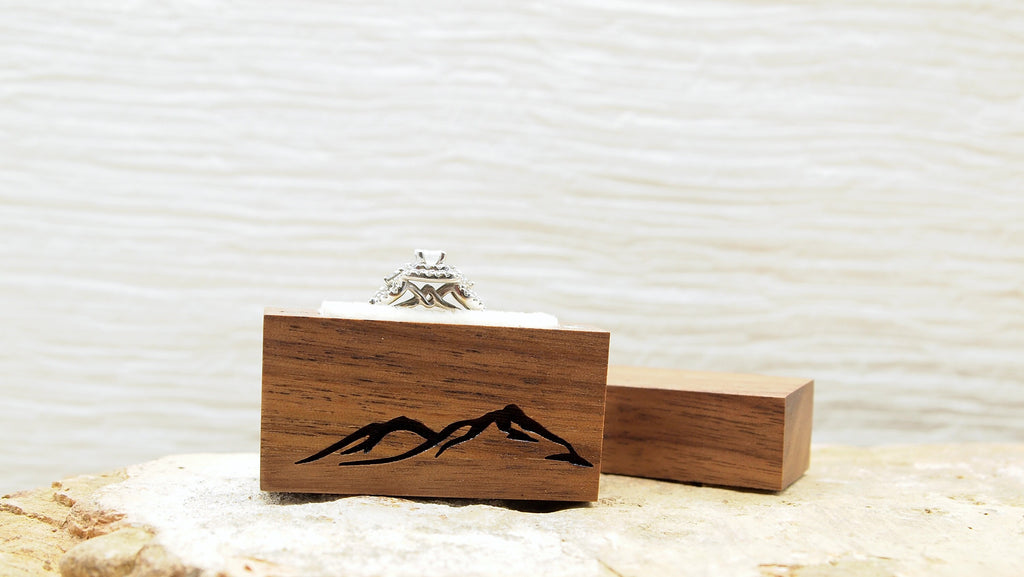 Mountain Laser Engraved Women's Magnetic Wooden Proposal Ring Box | Walnut Design | Engagement Ring Box | Low Profile Ring Box